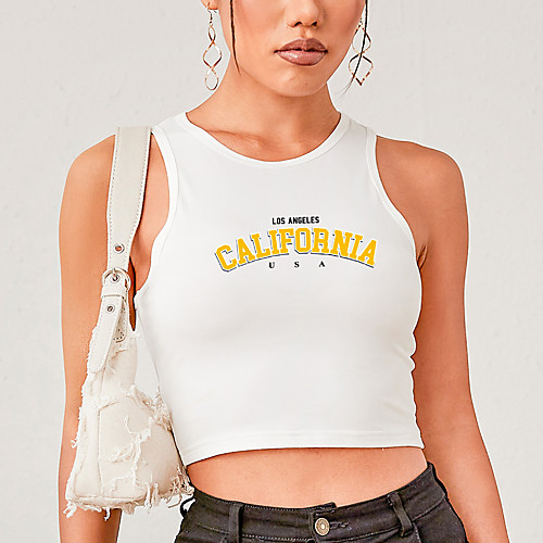 

Women's Tank Top T shirt Letter Print Round Neck Basic Sexy Tops Slim White Blushing Pink Black / Crop