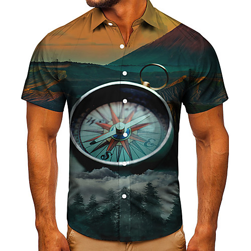 

Men's Shirt 3D Print Graphic Prints Compass Button-Down Short Sleeve Street Tops Casual Fashion Classic Breathable Blue