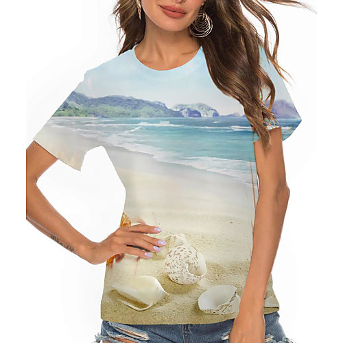

Women's Holiday 3D Printed Painting T shirt Graphic Scenery Print Round Neck Basic Tops Light Blue