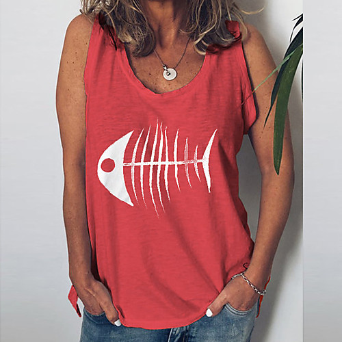 

Women's Tank Top T shirt Graphic Fish Print U Neck Basic Streetwear Tops White Red Yellow