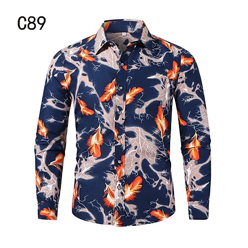 

Men's Shirt Other Prints Graphic Leaves Long Sleeve Casual Tops Chinoiserie Navy Blue