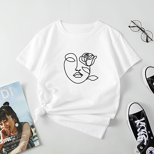 

Women's T shirt Flower Portrait Print Round Neck Tops Cotton Basic Basic Top White Blue Red