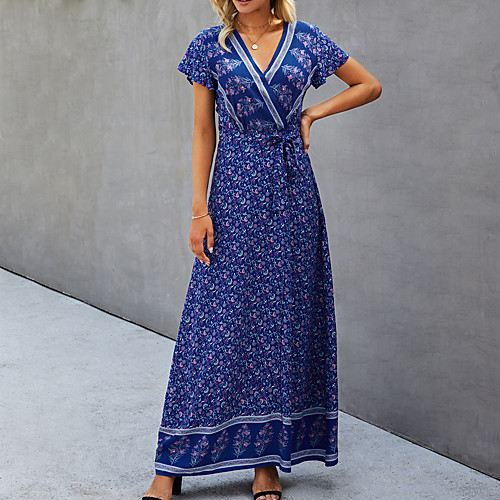 

Women's Swing Dress Maxi long Dress Blue Red Short Sleeve Solid Color Spring Summer Casual / Daily 2021 S M L XL