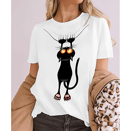 

Women's Cat 3D Cat T shirt Cat Animal Print Round Neck Basic Tops 100% Cotton White Black Khaki