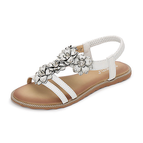 

Women's Sandals Boho Bohemia Beach Flat Heel PU Rhinestone Flower Light Brown White Black