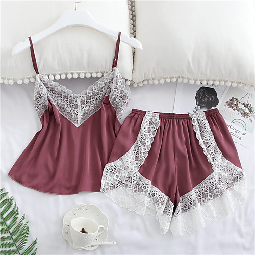 

Women's Suits Loungewear Pajamas Lace Patchwork POLY Rayon Casual Strap Top Shorts Deep V Daily Daily Wear / 2 Pieces / Going out / Sexy