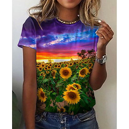 

Women's Floral Theme 3D Printed Painting T shirt Scenery 3D Sunflower Print Round Neck Basic Tops Green
