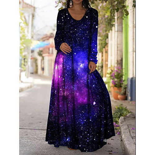 

Women's A Line Dress Maxi long Dress Blue Purple Green Red Light Green Long Sleeve Print Print Fall Spring V Neck Casual Holiday 2021 S M L XL XXL 3XL 4XL 5XL