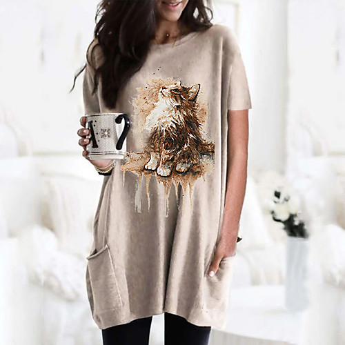 

Women's T shirt Dress Cat Graphic 3D Round Neck Tops Basic Basic Top Black Wine Army Green