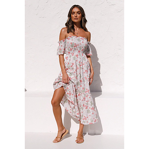 

Women's Sheath Dress Midi Dress White Short Sleeve Floral Fall Summer Off Shoulder Elegant Casual 2021 S M L XL / Chiffon