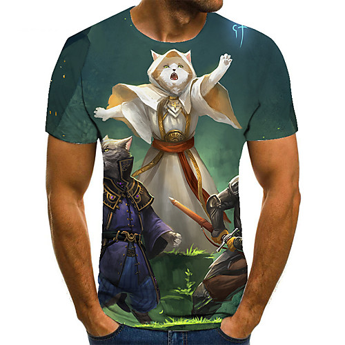 

Men's Unisex Tee T shirt 3D Print Cat Graphic Prints Plus Size Print Short Sleeve Casual Tops Basic Fashion Designer Big and Tall Blue