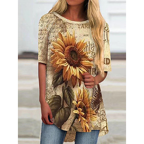 

Women's T shirt Sunflower Round Neck Tops Basic Basic Top Khaki