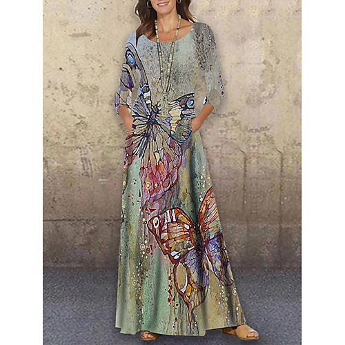 

Women's Shift Dress Maxi long Dress Green 3/4 Length Sleeve Print Animal Print Spring Summer Round Neck Casual Holiday 2021 S M L XL XXL 3XL