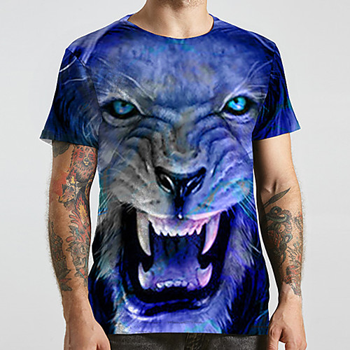 

Men's Unisex Tee T shirt 3D Print Graphic Prints Lion Animal Plus Size Print Short Sleeve Casual Tops Fashion Designer Big and Tall Blue