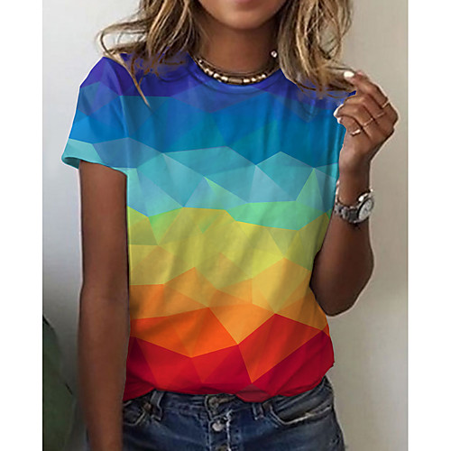 

Women's Abstract Geometric Painting T shirt Color Block Geometric Print Round Neck Basic Tops Blue