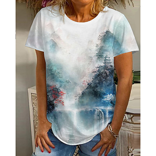 

Women's 3D Printed T shirt Scenery 3D Print Round Neck Tops Basic Basic Top White