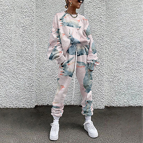 

Women's Basic Streetwear Floral Animal Vacation Casual / Daily Two Piece Set Crew Neck Tracksuit T shirt Pant Loungewear Drawstring Print Tops / Loose