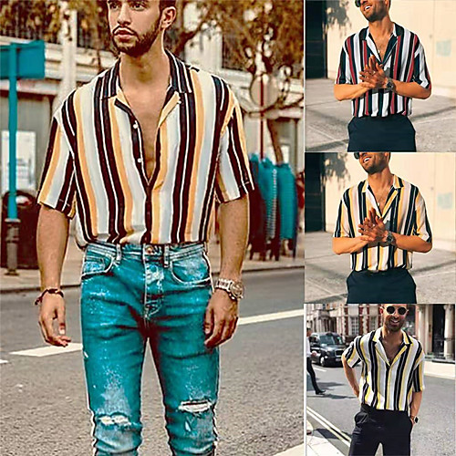 

Men's Shirt Striped Button-Down Short Sleeve Casual Tops Casual Fashion Breathable Comfortable Red Yellow