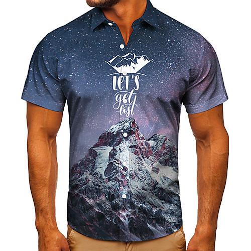 

Men's Shirt 3D Print Graphic Prints Mountain Button-Down Short Sleeve Street Tops Casual Fashion Classic Breathable Navy Blue