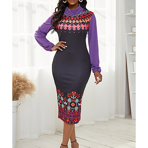 

Women's Sheath Dress Midi Dress Black Long Sleeve Geometric Print Fall Summer Turtleneck Elegant Casual 2021 S M L XL XXL