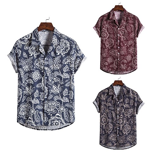 

Men's Shirt Other Prints Floral Graphic Print Short Sleeve Holiday Tops Ethnic Style Blue Red Coffee