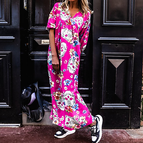 

Women's A Line Dress Maxi long Dress Red Half Sleeve Floral Summer V Neck Elegant Casual 2021 S M L XL