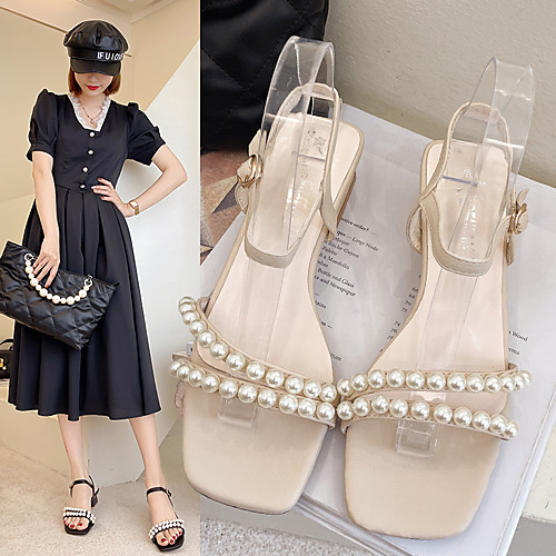 

Women's Sandals Block Heel Square Toe PU Pearl Button Solid Colored Black Beige