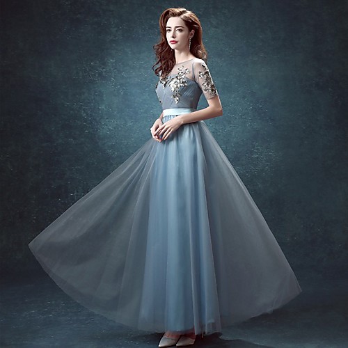 

A-Line Sparkle Elegant Engagement Formal Evening Dress Jewel Neck Short Sleeve Ankle Length Lace with Sequin 2021