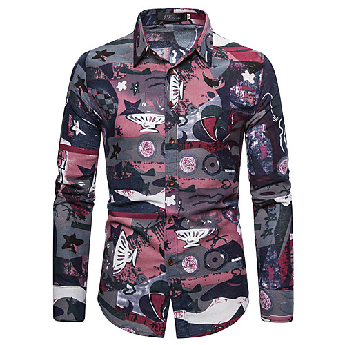 

Men's Shirt Other Prints Graphic Long Sleeve Casual Tops Ethnic Style Navy Blue