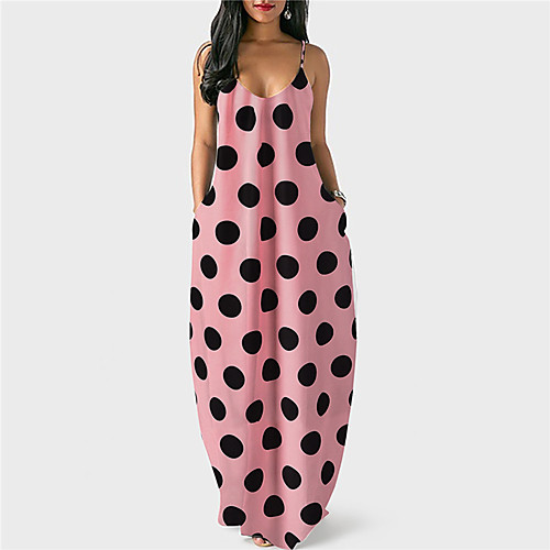 

Women's Strap Dress Maxi long Dress Blushing Pink Black Beige Light Blue Sleeveless Polka Dot Patchwork Summer V Neck Casual Holiday 2021 S M L XL XXL 3XL 4XL 5XL