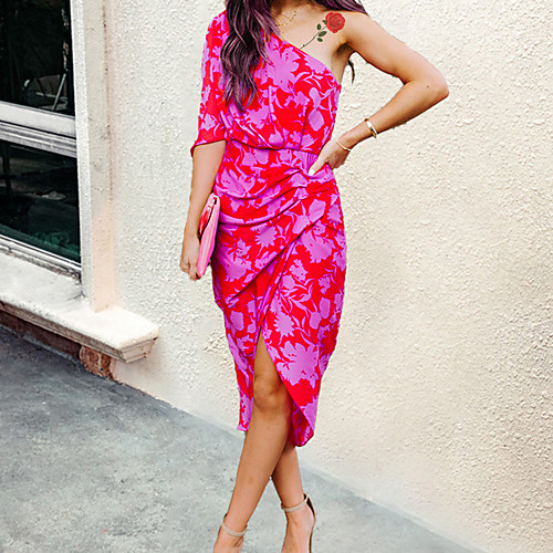 

Women's Wrap Dress Midi Dress Blue Fuchsia Gray Half Sleeve Floral Print Summer One Shoulder Casual 2021 S M L XL XXL 3XL