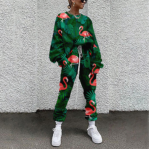 

Women's Basic Streetwear Plant Vacation Casual / Daily Two Piece Set Crew Neck Tracksuit T shirt Pant Loungewear Drawstring Print Tops / Loose