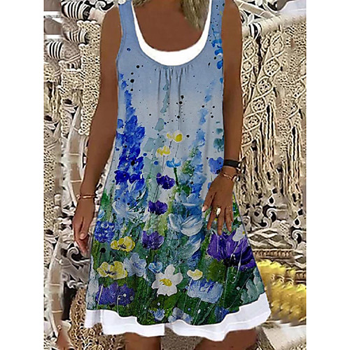 

Women's Shift Dress Knee Length Dress Light Blue Sleeveless Floral Print Spring Summer Boat Neck Casual Holiday 2021 S M L XL XXL 3XL