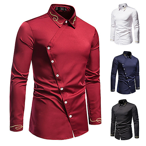 

Men's Shirt Solid Color Embroidered Asymmetric Long Sleeve Party Tops Business Formal Comfortable Wine White Black / Work