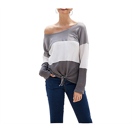 

Women's Stripes Sweater Long Sleeve Sweater Cardigans Round Neck Black and white gray Blue white gray Yellow white gray