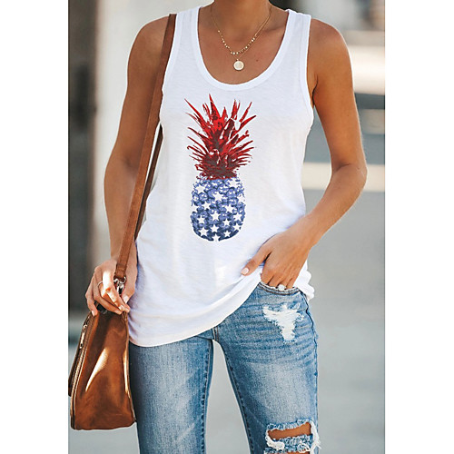 

Women's Independence Day Tank Top T shirt Abstract USA American Flag Print U Neck Basic Streetwear Tops White Black