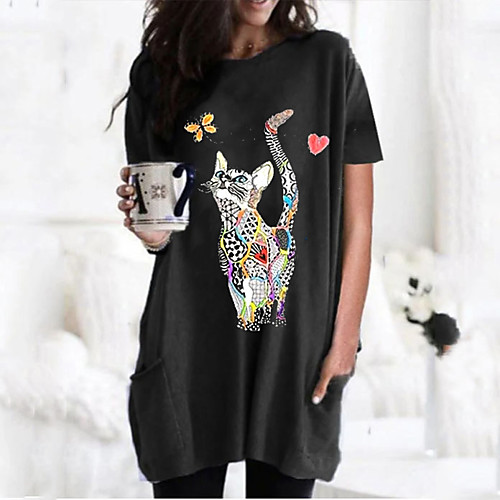 

Women's T shirt Dress Cat Graphic Round Neck Tops Basic Basic Top Black Wine Army Green