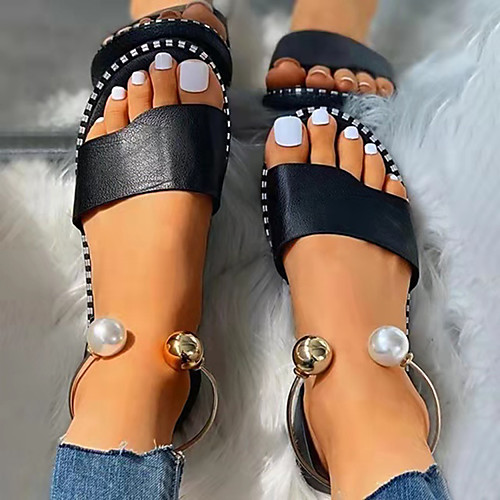 

Women's Sandals Flat Heel Round Toe Faux Leather Buckle Sequin Solid Colored White Black Beige