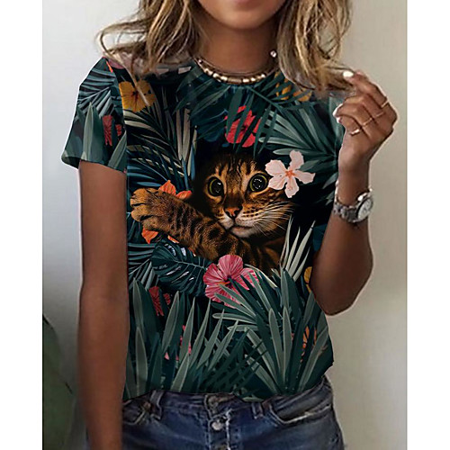

Women's Floral Theme 3D Cat T shirt Plants Cat 3D Print Round Neck Basic Tops Green