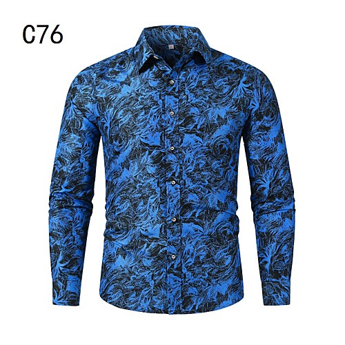 

Men's Shirt Other Prints Leaves Long Sleeve Casual Tops Chinoiserie Blue