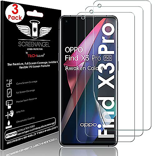 

techgear [3 pieces of protective film for oppo find x3 pro 5g [screen angel] [full screen coverage] reinforced tpu screen protection film with entire screen coverage including curved area