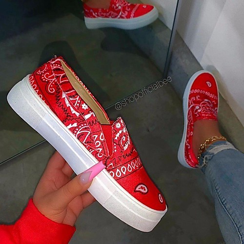 

Women's Sneakers Slip-on Sneakers Flat Heel Round Toe PU Color Block White Red Black
