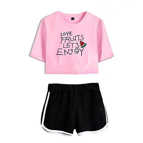 

Women's Basic Streetwear Print Letter Vacation Casual / Daily Two Piece Set Crop Top Tracksuit T shirt Loungewear Shorts Print Tops