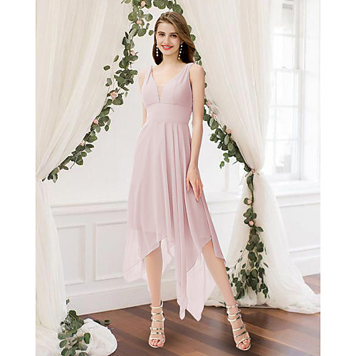 

A-Line V Neck Ankle Length Chiffon Bridesmaid Dress with Pleats