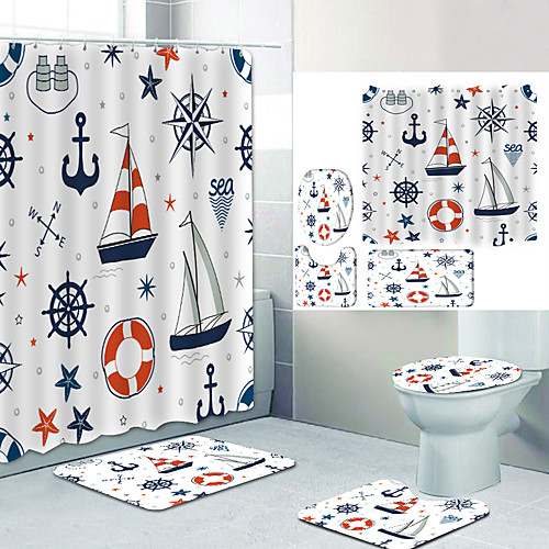 

Ocean Elements Digital Printing Four-piece Set Shower Curtains and Hooks Modern Polyester Machine Made Waterproof Bathroom