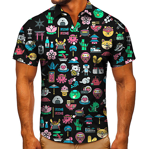 

Men's Shirt 3D Print Cartoon Graphic Prints Button-Down Short Sleeve Street Tops Casual Fashion Classic Breathable Black