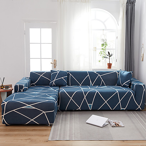 

Blue Triangle Grid Print Dustproof All-powerful Slipcovers Stretch L Shape Sofa Cover Super Soft Fabric Couch Cover Sofa Furniture Protector with One Free Boster Case