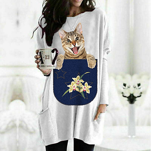

Women's T shirt Cat Graphic Animal Long Sleeve Pocket Round Neck Tops 100% Cotton Basic Basic Top White Black Fuchsia