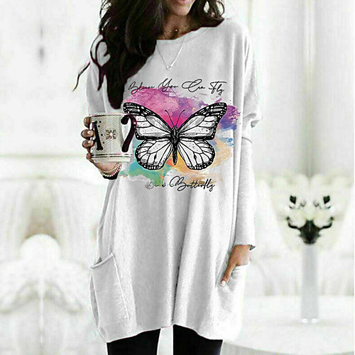 

Women's T shirt Dress Graphic Butterfly Long Sleeve Pocket Round Neck Tops Basic Basic Top White Black Fuchsia
