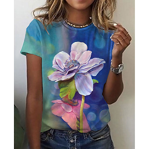 

Women's Floral Theme T shirt Floral Color Block 3D Print Round Neck Tops Basic Basic Top Blue